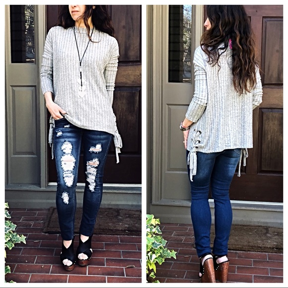 Soft brushed fabric side lace up L/sleeve top - Picture 5 of 8